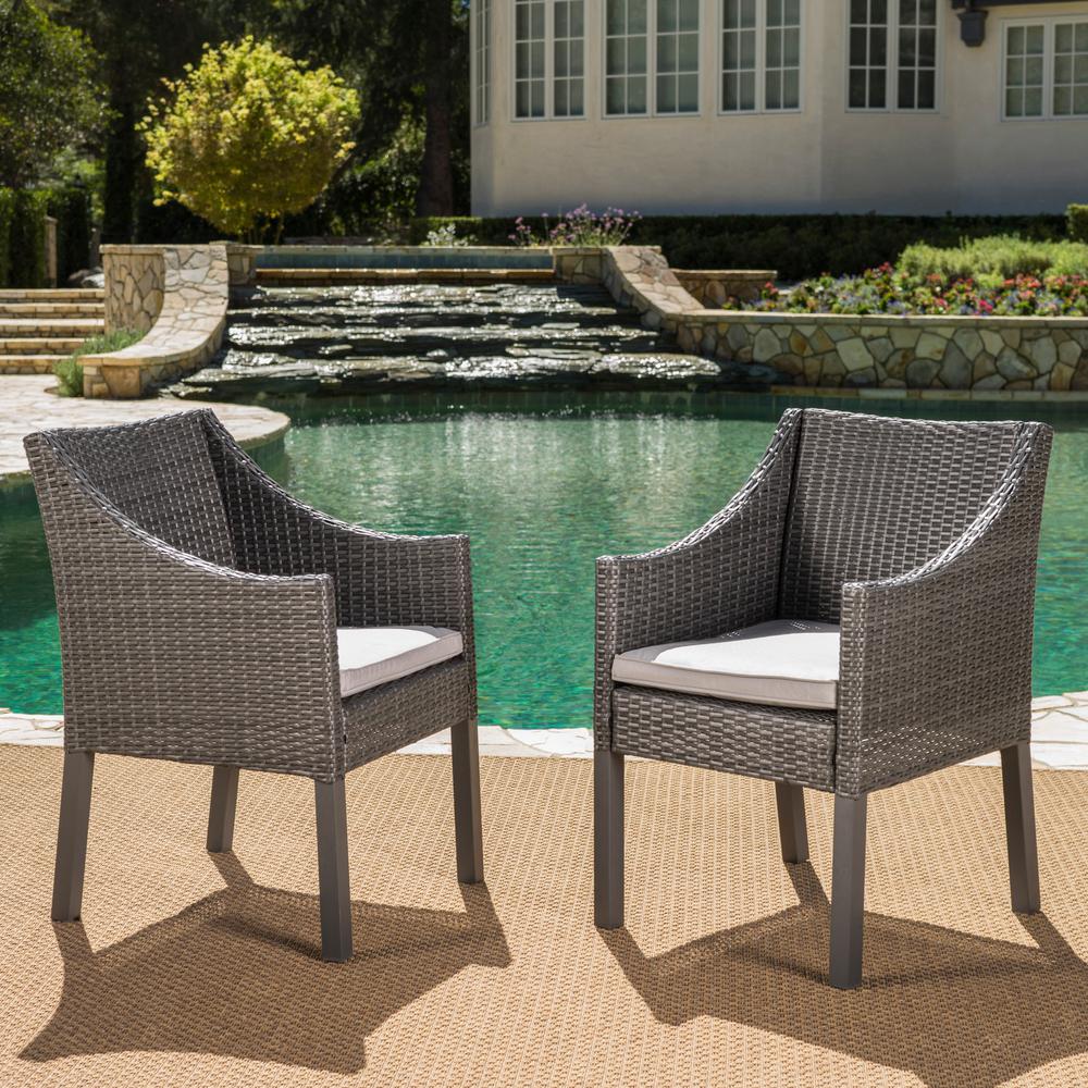 Noble House Antibes Grey Arm Wicker Outdoor Dining Chair with Grey
