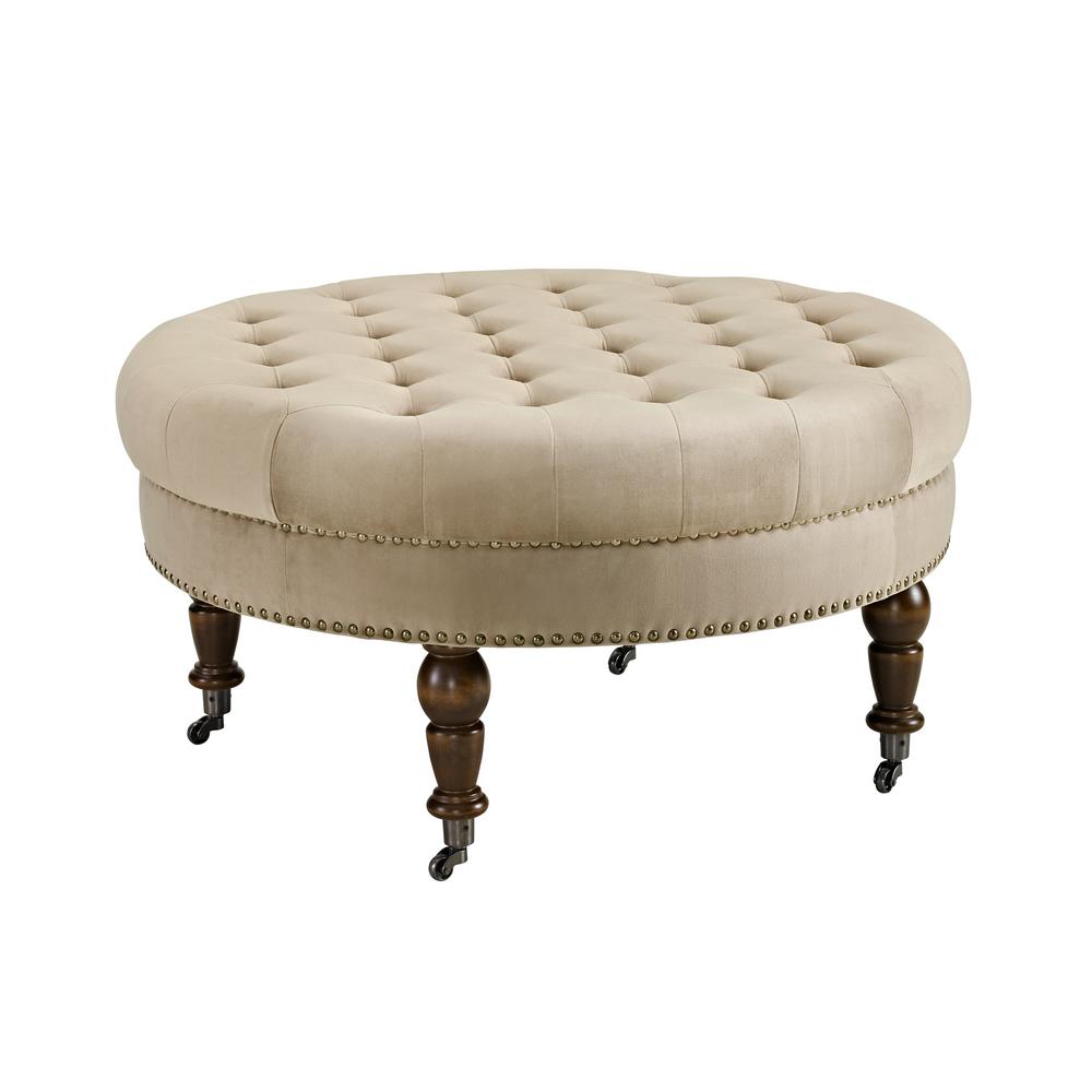 Isabelle Tan Velvet Round Tufted Ottoman
