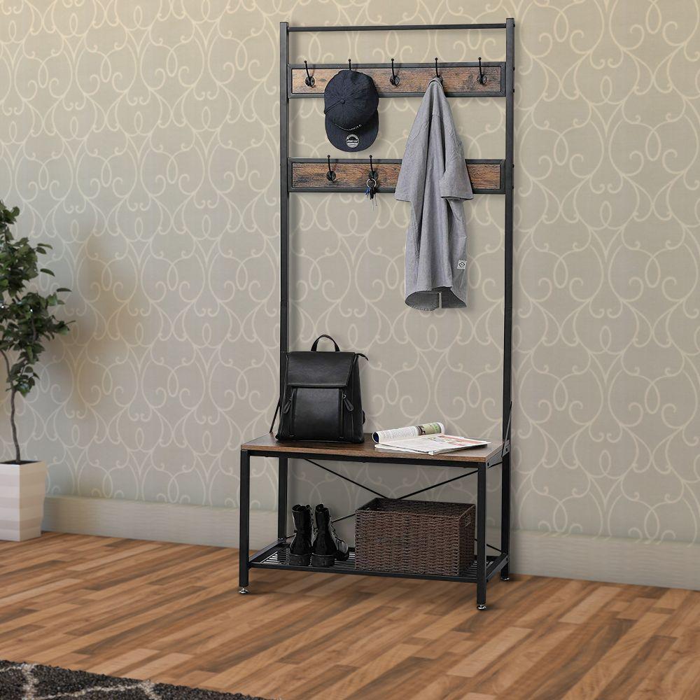 Benjara Industrial Brown And Black Wood And Metal Coat Rack With Shoe Bench Bm197493 The Home Depot