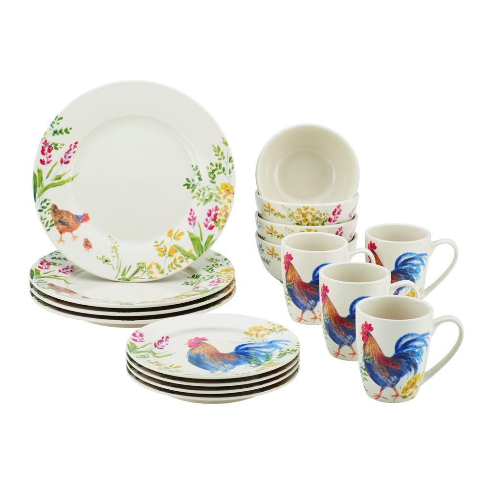 16 PC Rooster Dinnerware Dishes Set Everyday Country Plates Bowls Mugs Salad New