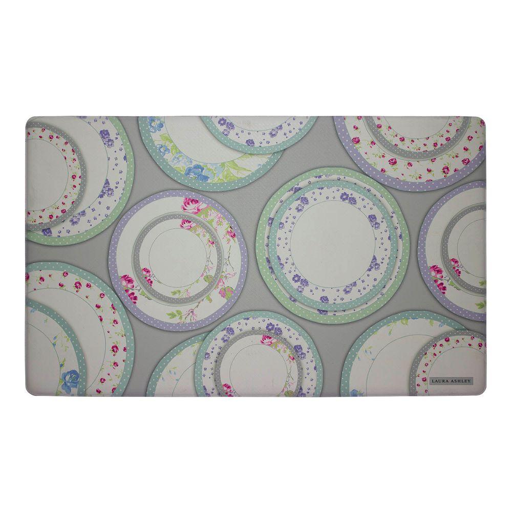 Laura Ashley Tea Plates Gray 20 in. x 32 in. Memory Foam Kitchen Mat