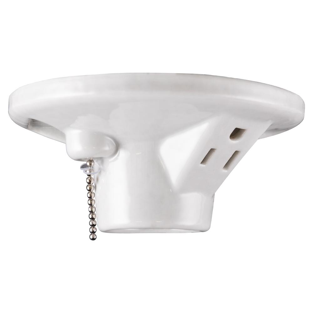White EATON Wiring S865W-SP-L 660-Watt 250-Volt Two Piece Plastic Ceiling Receptacle Lamp Holder with Pull Chain and Outlet