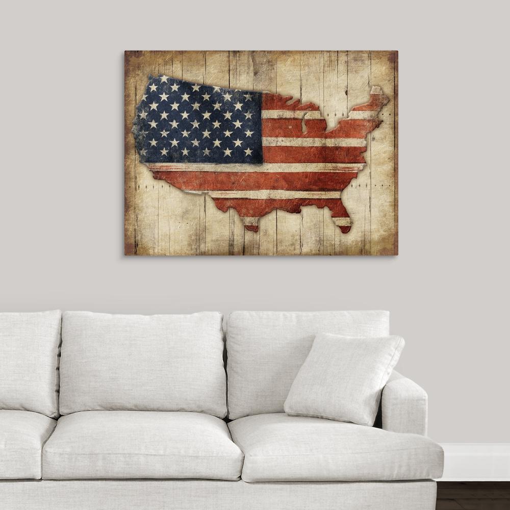 United States  Vintage Wood Maps Flags SINGLE CANVAS WALL ART Picture Print 