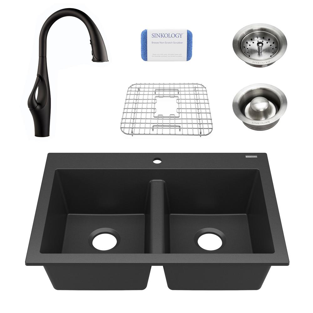 Sinkology Whitney All In One Drop Granite Composite 33 1 Hole Double Bowl Kitchen Sink With Pfister Faucet Matte Black