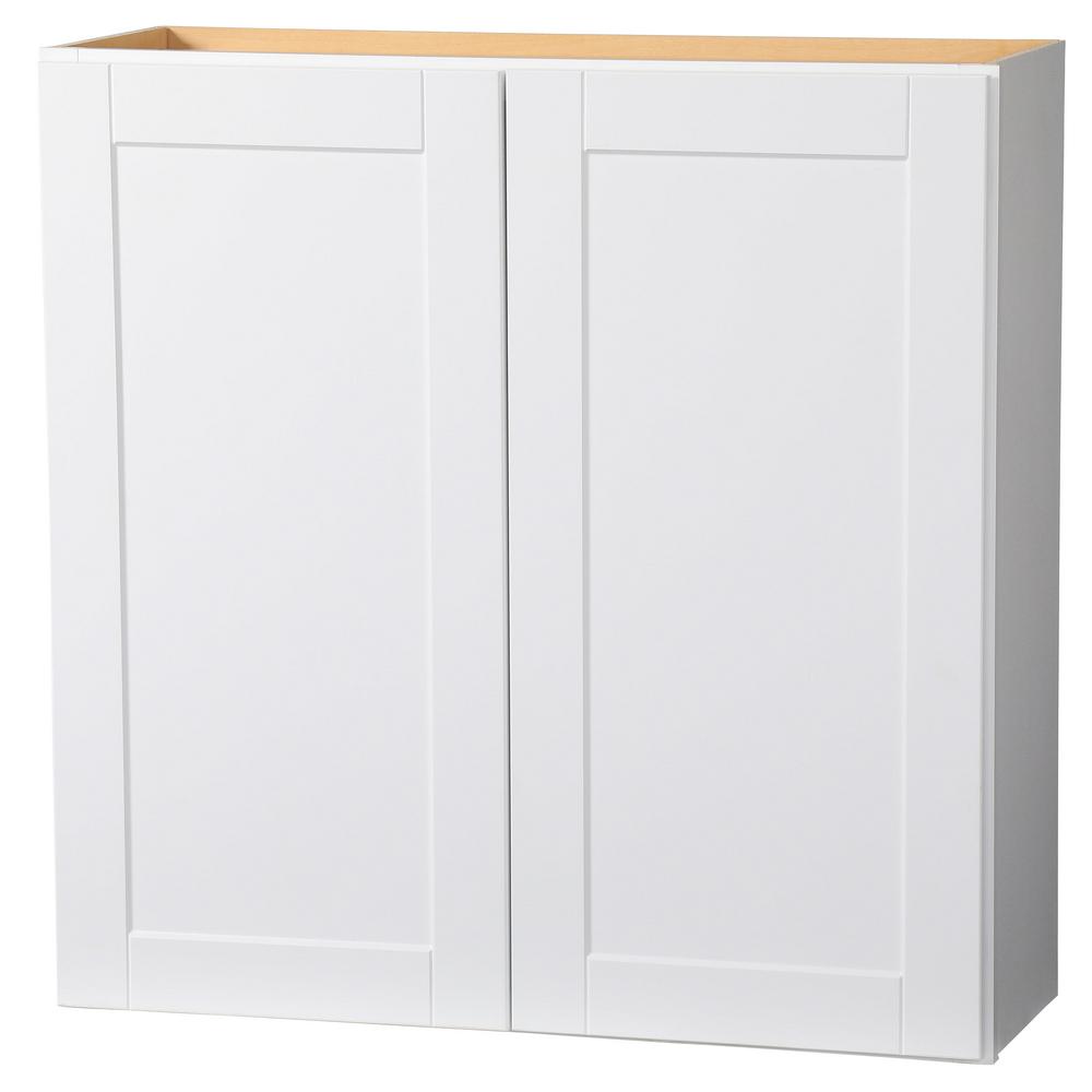 Hampton Bay Shaker Assembled 36x36x12 In Wall Kitchen Cabinet In Satin White Kw3636 Ssw The Home Depot