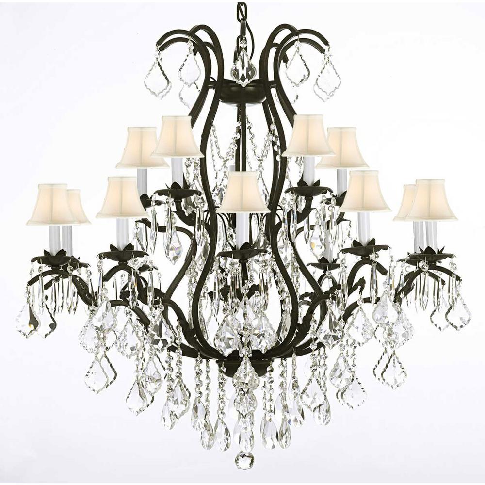 Versailles 15 Light Black Wrought Iron And Crystal Chandelier With White Shades