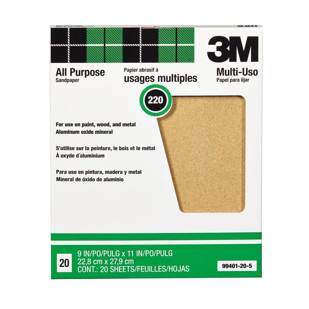3M 9 in. x 11 in. 220 Grit Aluminum Oxide Sandpaper (20Pack) (Case of