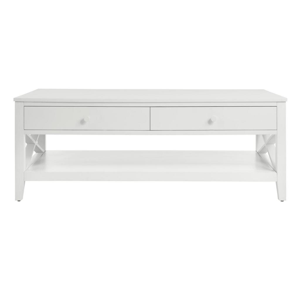 Stylewell Oakley Rectangular White Wood 2 Drawer Coffee Table With X Side Detail 47 27 In W X 17 72 In H Cf1810253 Wht The Home Depot