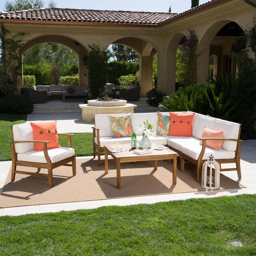 Noble House Lilian Teak Finished 7 Piece Wood Outdoor Sectional Set With Cream Cushions 21537 The Home Depot