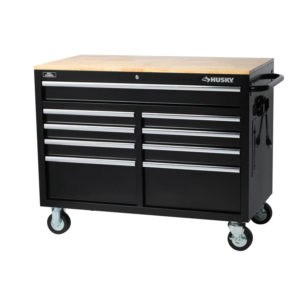 Husky 46 in. W 9-Drawer, Deep Tool Chest Mobile Workbench in Gloss Black with Hardwood Top-H46MWC9XD-TL - The Home Depot