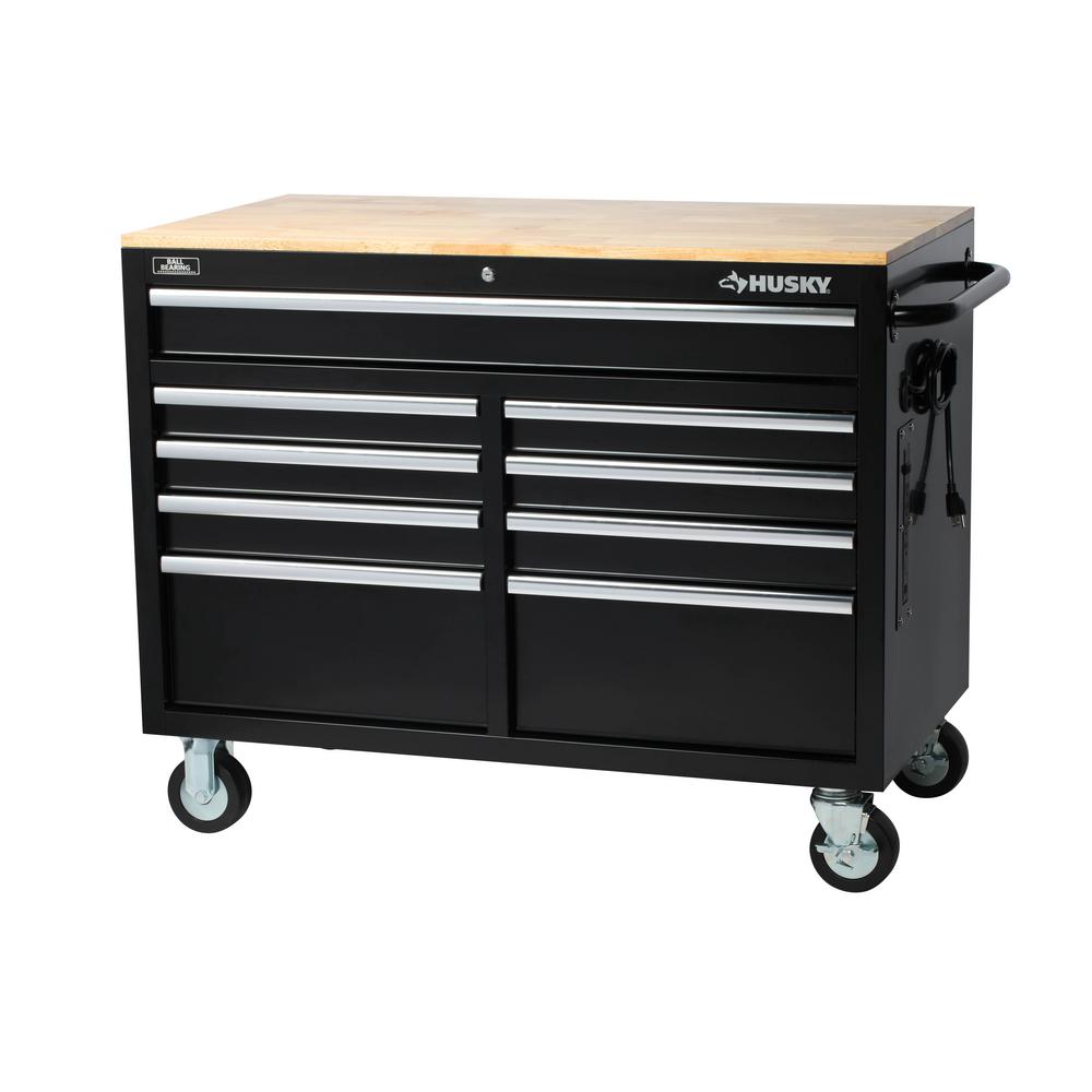 Husky 46 in. W 9-Drawer, Deep Tool Chest Mobile Workbench in Gloss Black with Hardwood Top