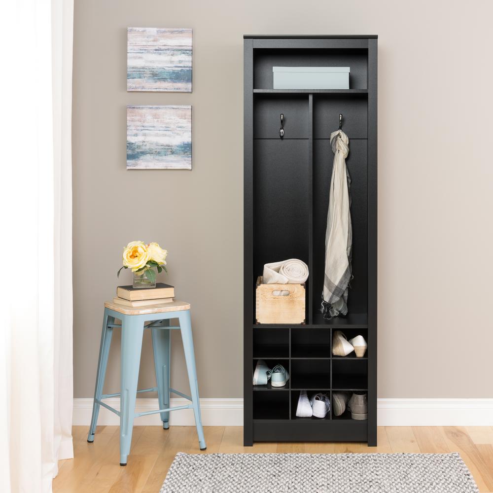 Prepac Entryway Deep Black Laminate Hall Tree Space Saving Organizer With Shoe Storage Bsoh 0010 1 The Home Depot