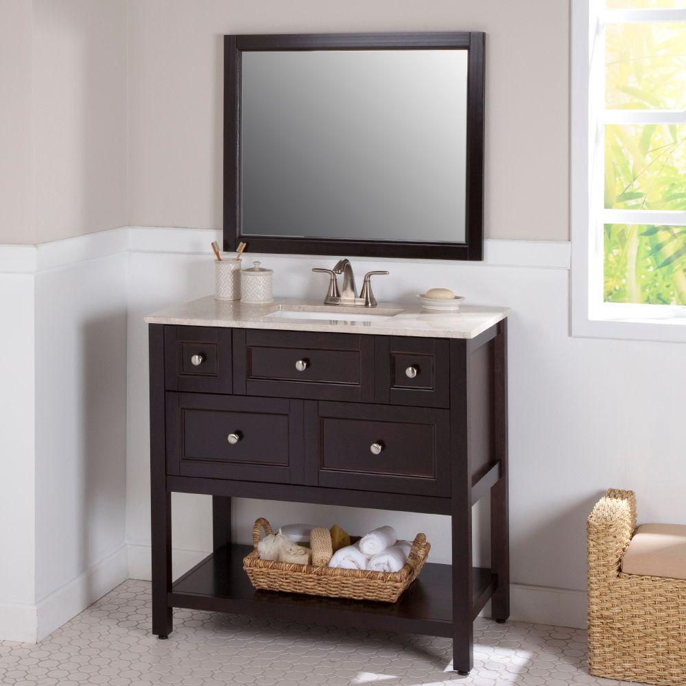 Glacier Bay Ashland 36 In W X 19 In D Bathroom Vanity In Chocolate With Stone Effects Vanity Top In Baja Travertine And Mirror Al36p3com Ch The Home Depot