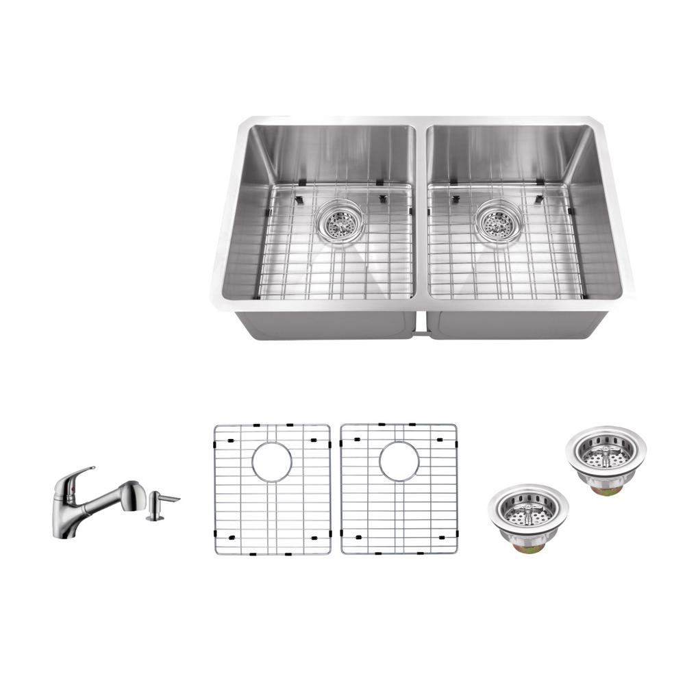 Ipt Sink Company Undermount 32 In 16 Gauge Stainless Steel Kitchen 16 Gauge Stainless Steel Kitchen Sink In Brushed With Low Profile Pull Out Faucet