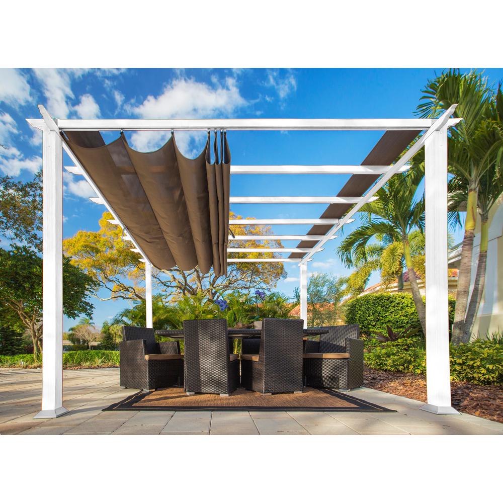 Paragon Outdoor Paragon 11 ft. x 11 ft. White Aluminum Pergola with Cocoa Color Convertible Canopy Top