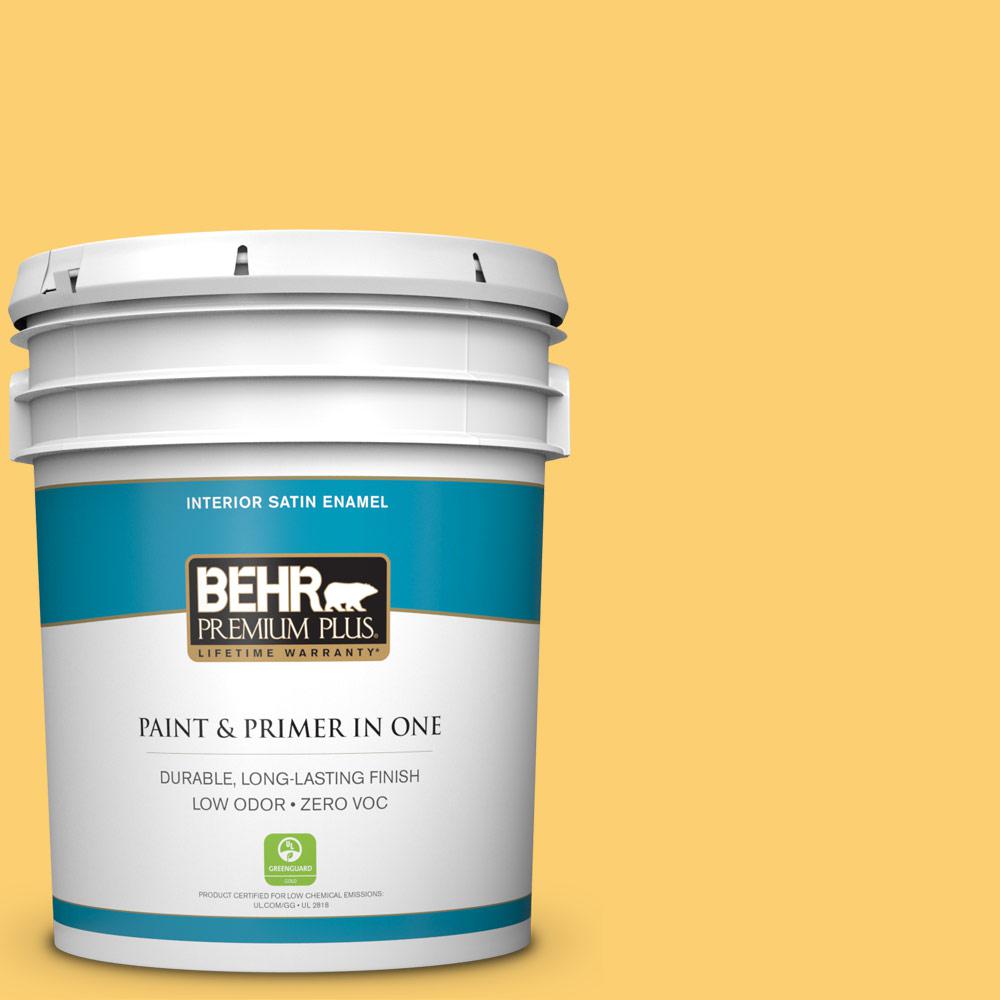 BEHR Premium Plus 5 gal. 320B6 Mellow Yellow Satin Enamel Zero VOC