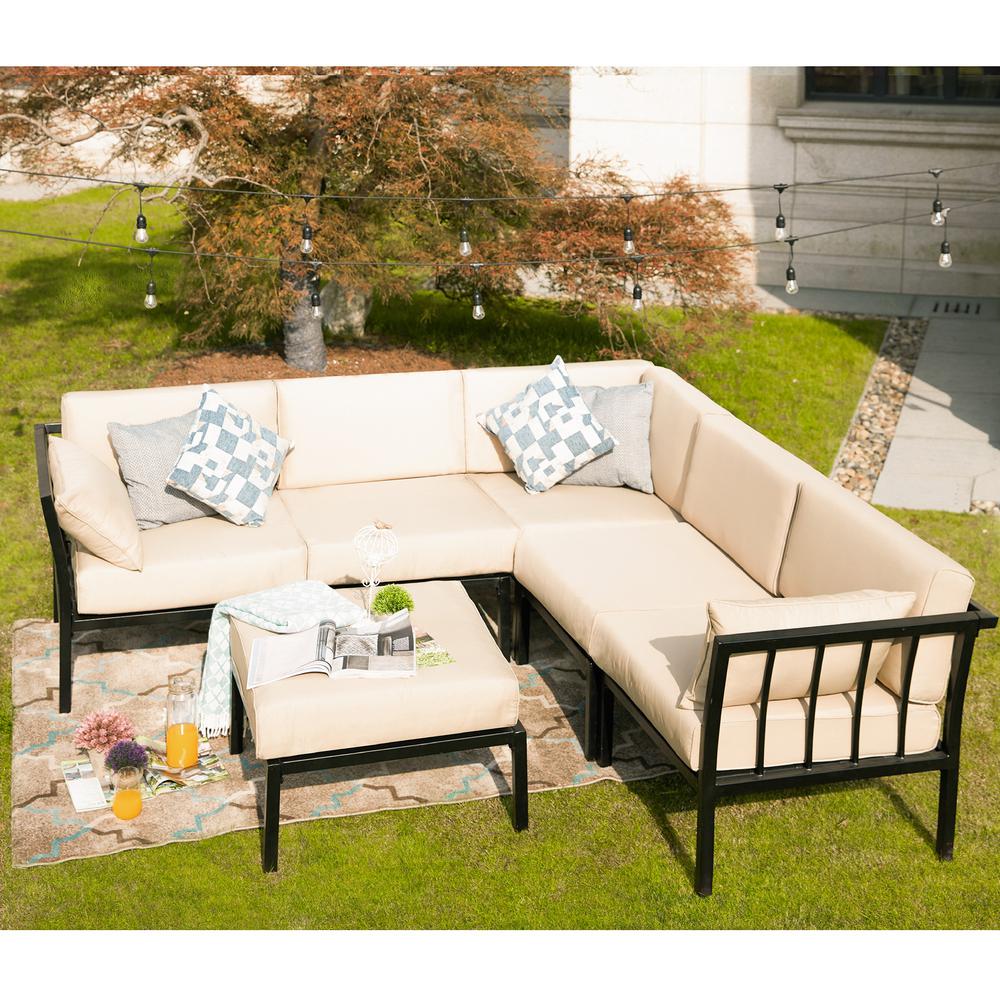 Patio Festival 6-Piece Metal Outdoor Sectional Set with Beige Cushions