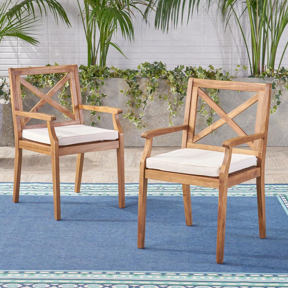 Noble House Perla Teak Brown Cross Back Wood Outdoor Dining Chairs With Cream Cushions 2 Pack 41859 The Home Depot