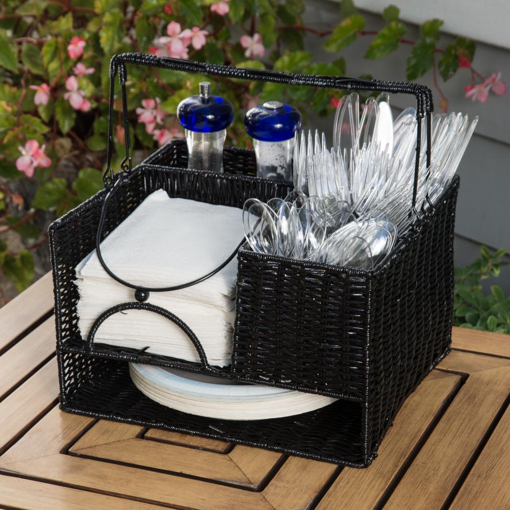 Rattan Silverware Cads Countertop Storage The Home Depot Black Rattan Tabletop Serveware And Condiment Organizer Caddy