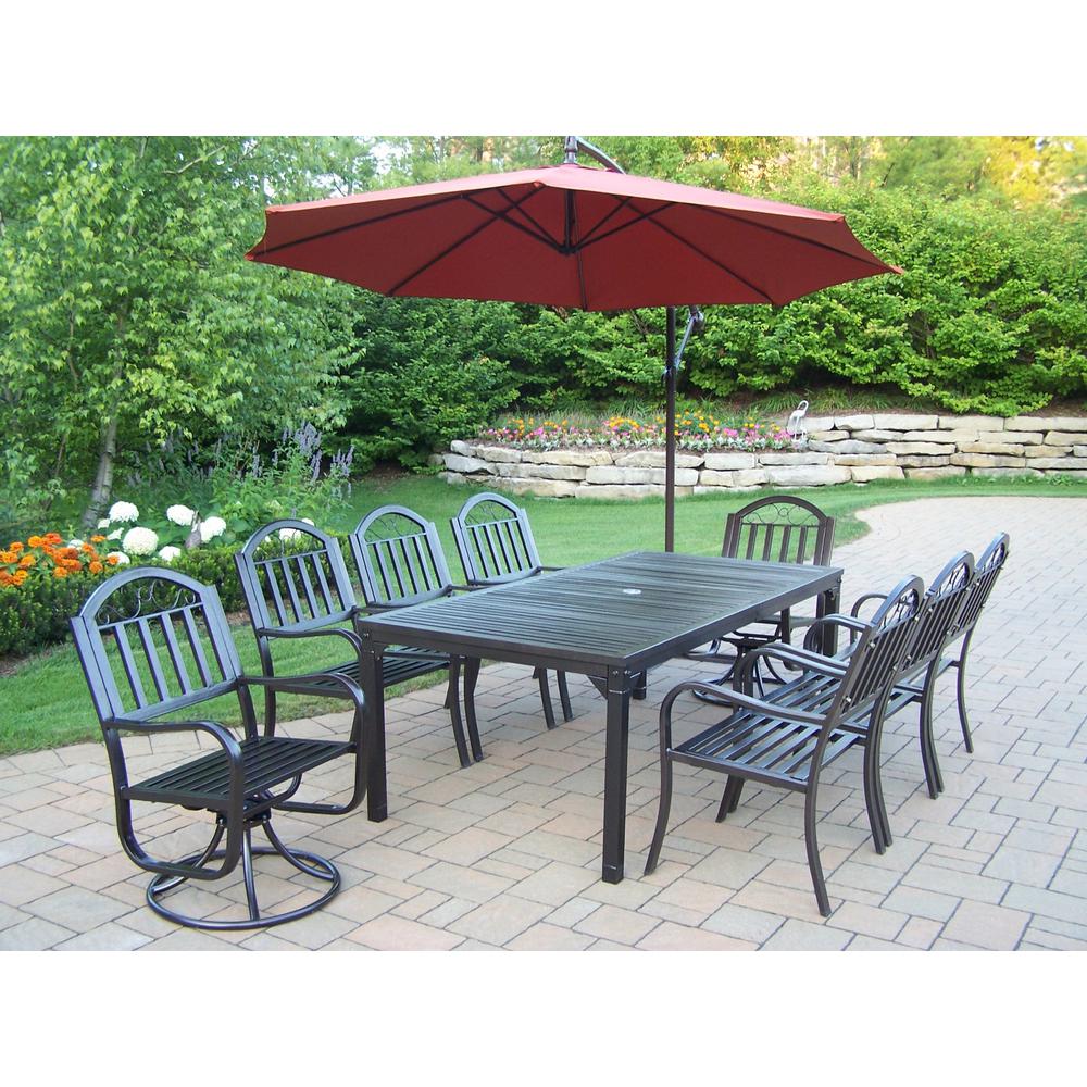 10 Piece Metal Outdoor Dining Set With Burnt Orange Umbrella