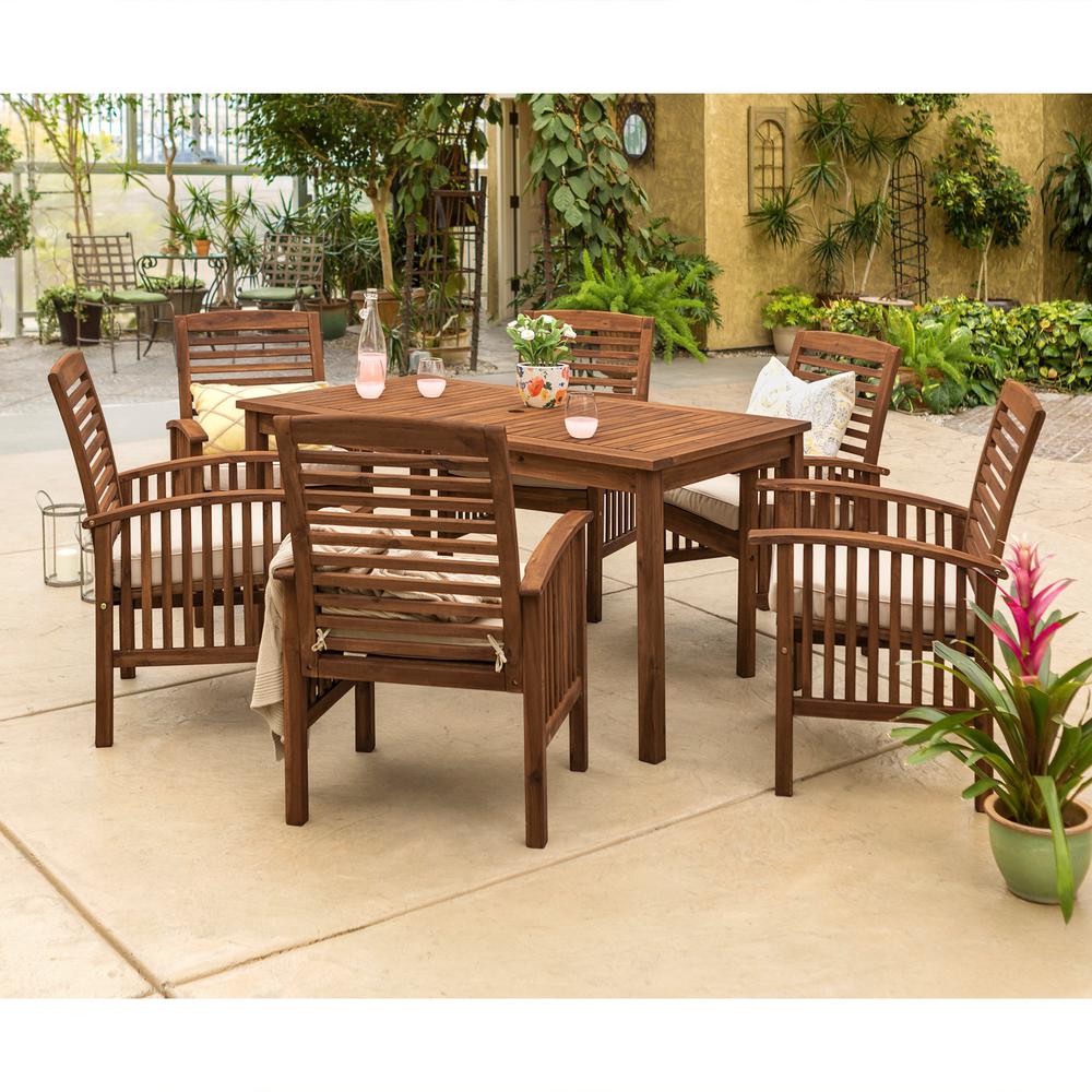 Walker Edison Furniture Company Patio Dining Sets 7 Piece Dark Brown Acacia Wood Patio Dining Set With White Cushion