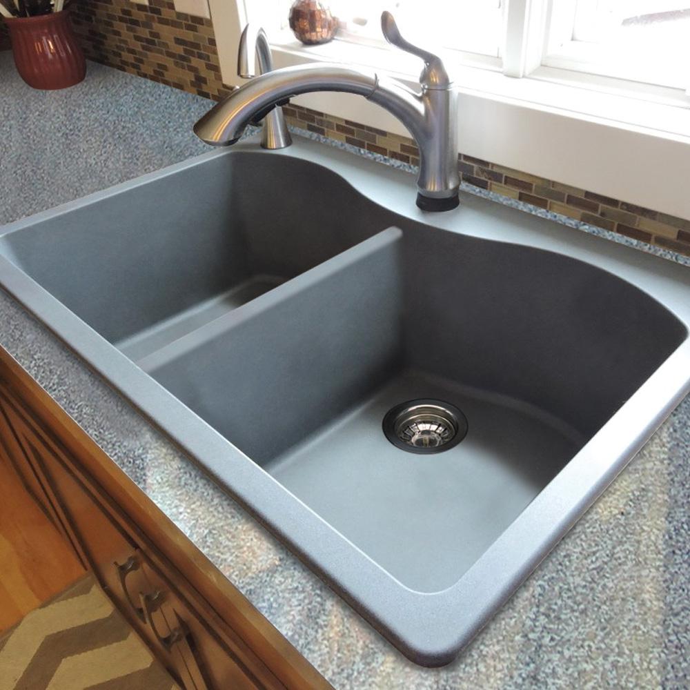 Grey Transolid ATDE3322-17-CAB Aversa Granite 3-Hole Drop-in Double-Bowl Kitchen Sink 33-in L x 22-in W x 9-in H