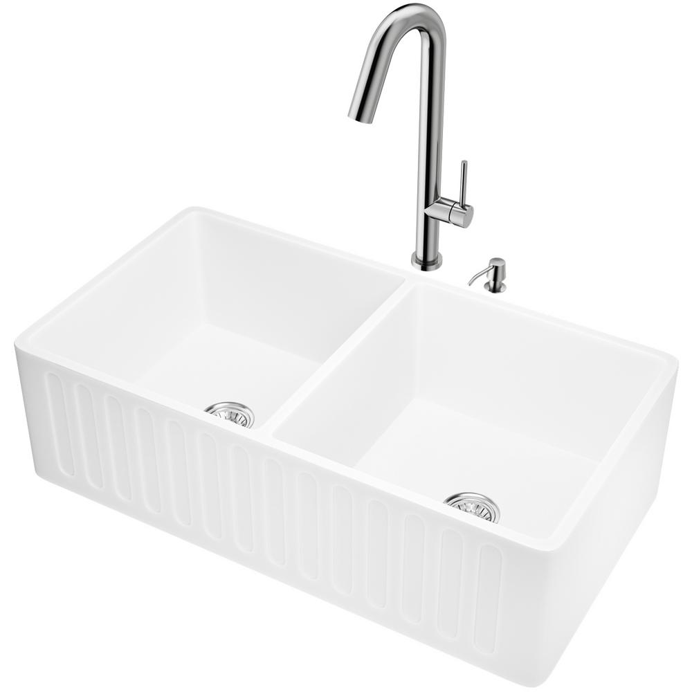 Vigo 33 Matte Stone Double Bowl Farmhouse A Kitchen Sink Set Stainless Steel Oakhurst Faucet Strainer Soap Dispenser