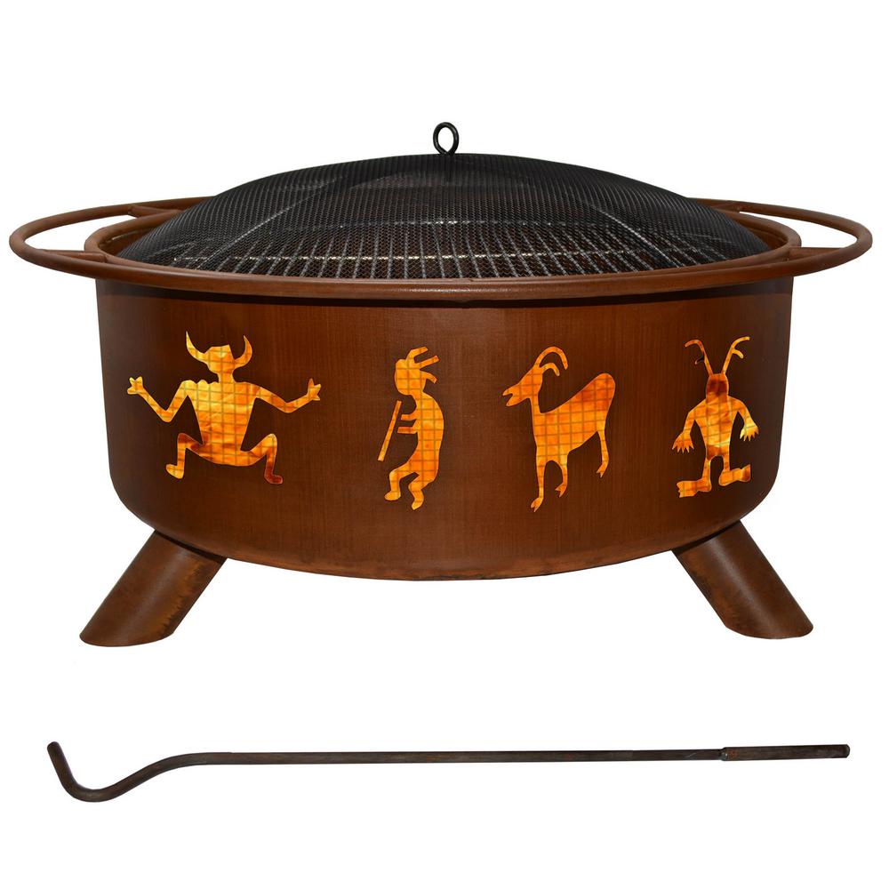 Kokopelli 29 In X 18 In Round Steel Wood Burning Fire Pit In Rust With Grill Poker Spark Screen And Cover F112 The Home Depot