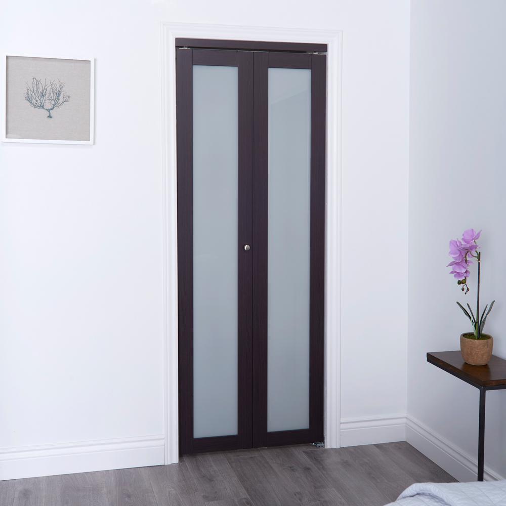 Truporte 30 In X 80 In 3030 Series 1 Lite Tempered Frosted Glass Espresso Composite Interior Closet Bi Fold Door