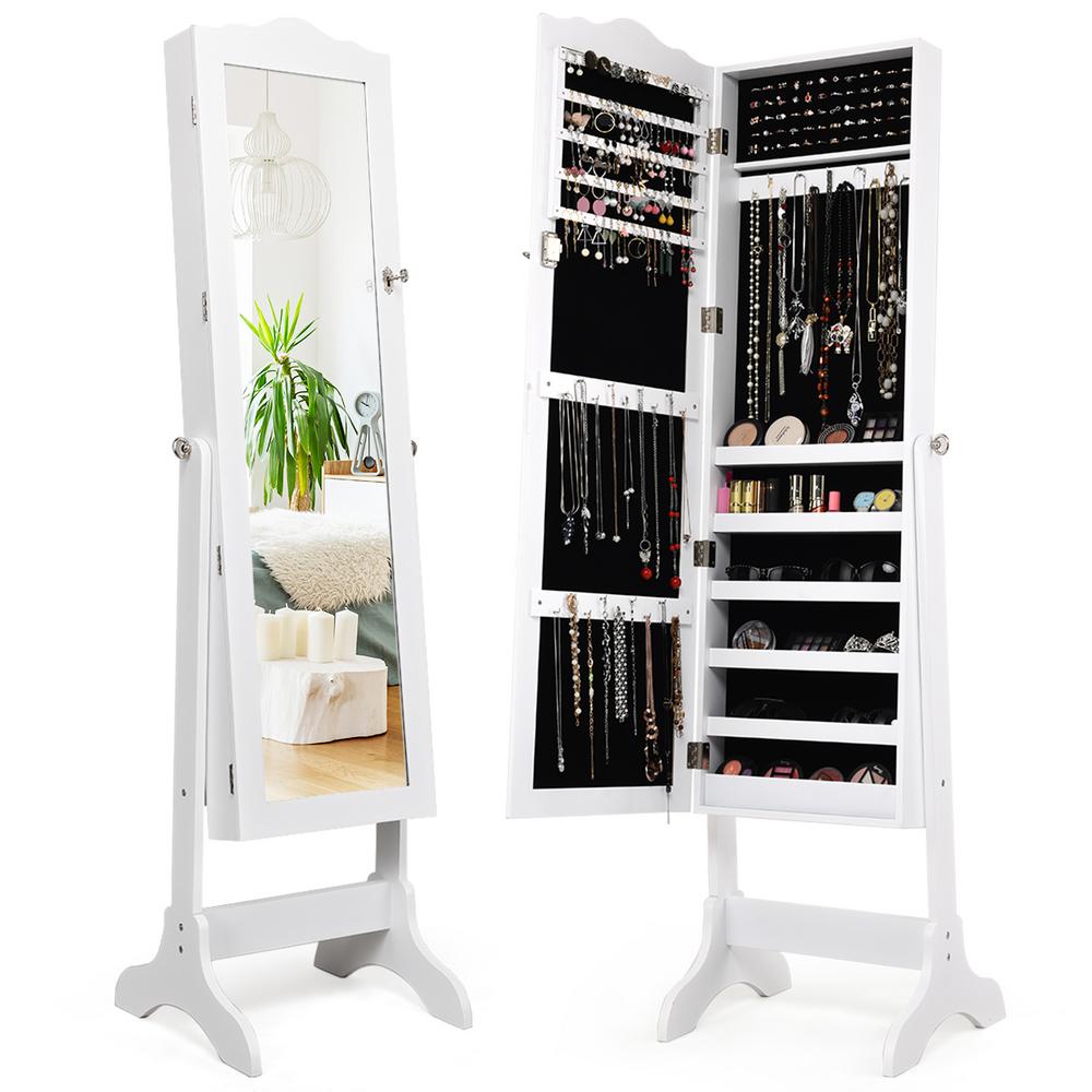 Costway White With Stand Mirrored Lockable Jewelry Armoire Cabinet Storage Box 63 5 In L X 14 5 In W X 18 5 In Hw60137wh The Home Depot