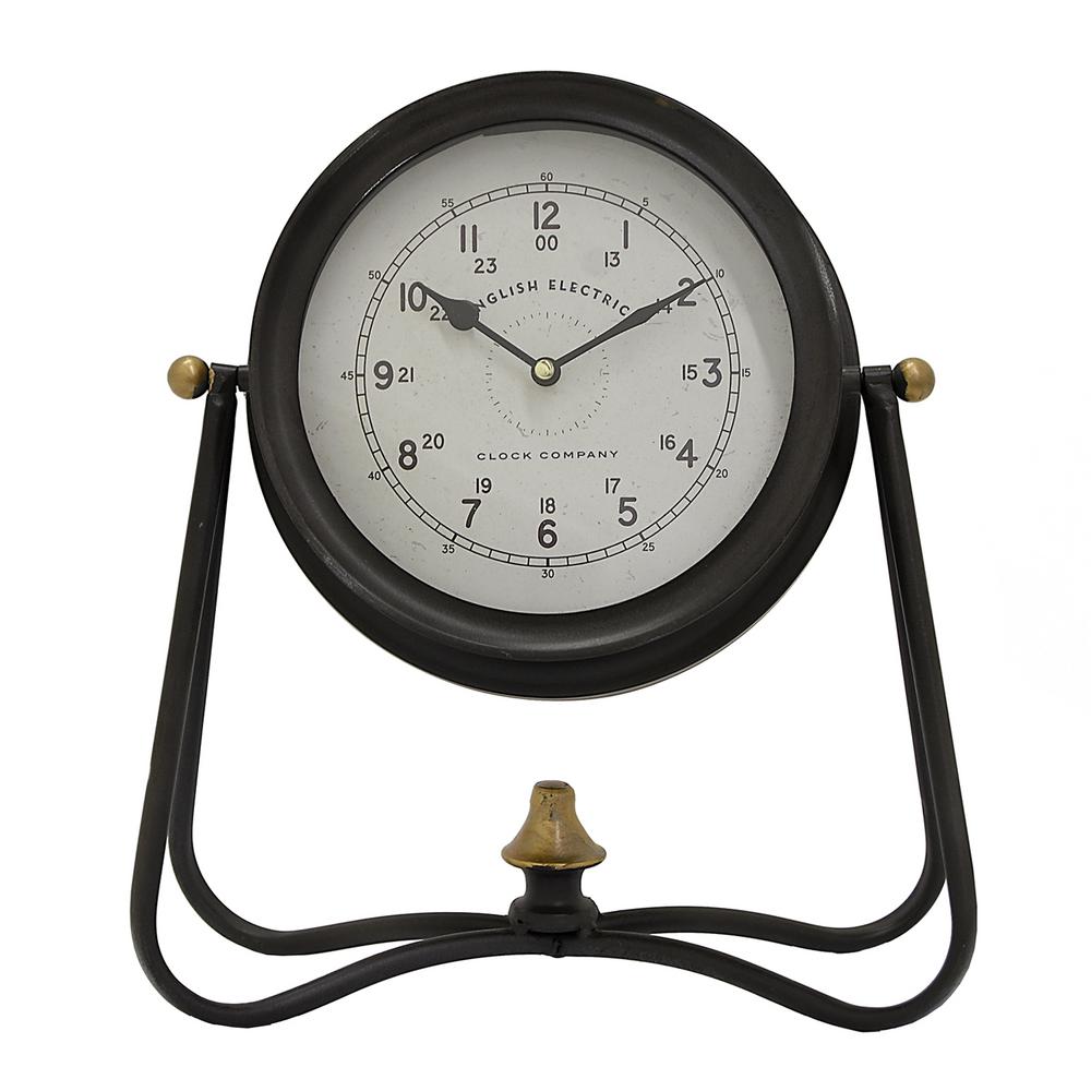 THREE HANDS 12 inch x 5.5 inch Metal Table Clock in Black by THREE HANDS