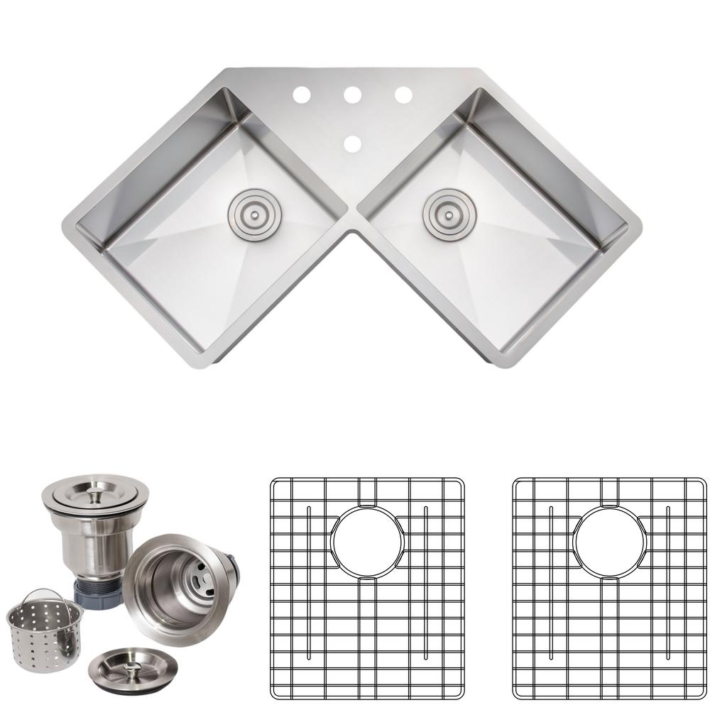 Wells New Chef S Collection Handcrafted Undermount Stainless Steel 46 In 4 Holes 50 Double Bowl Kitchen Sink Package