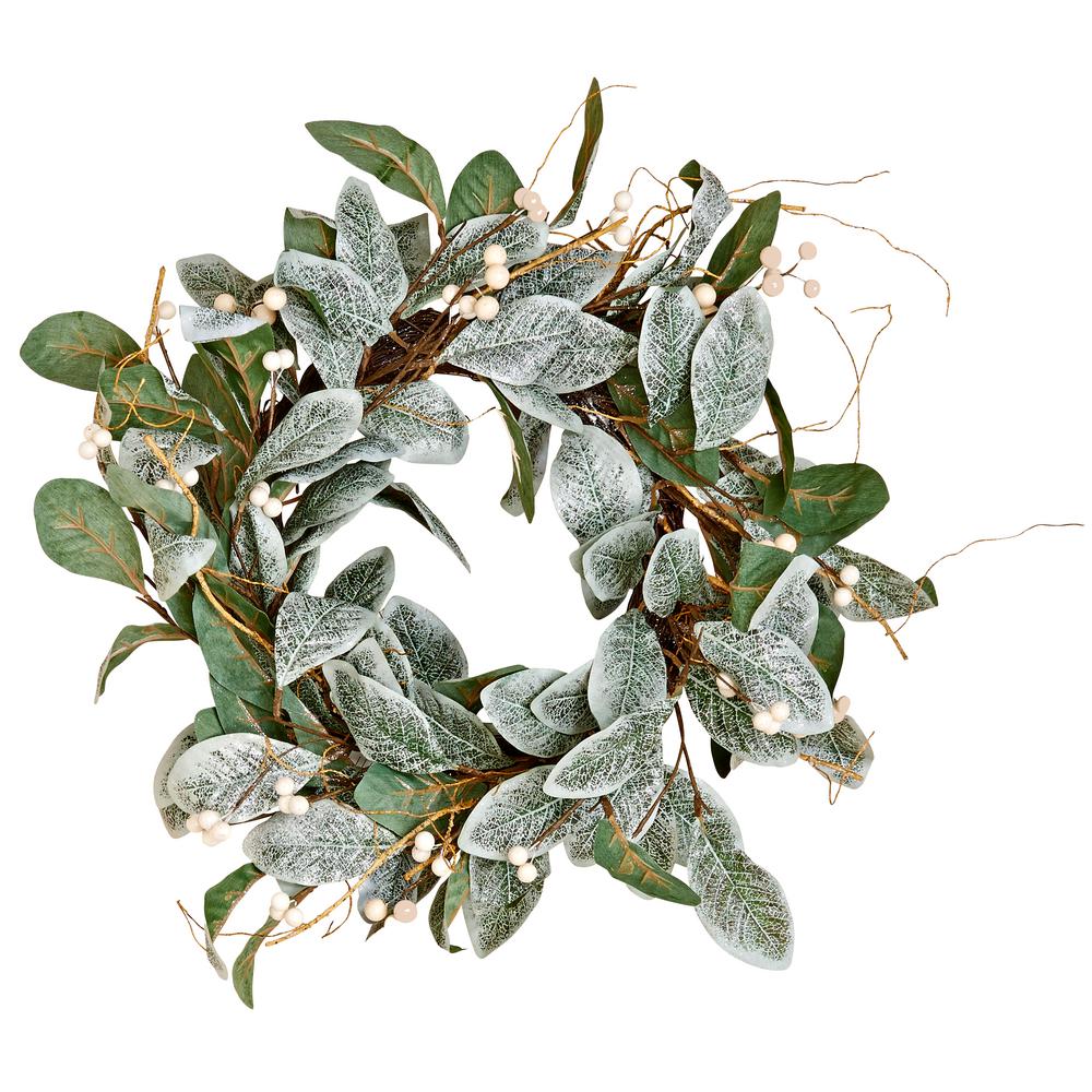 22 In Magnolia Leaves Wreath With White Berries 7737 The Home Depot