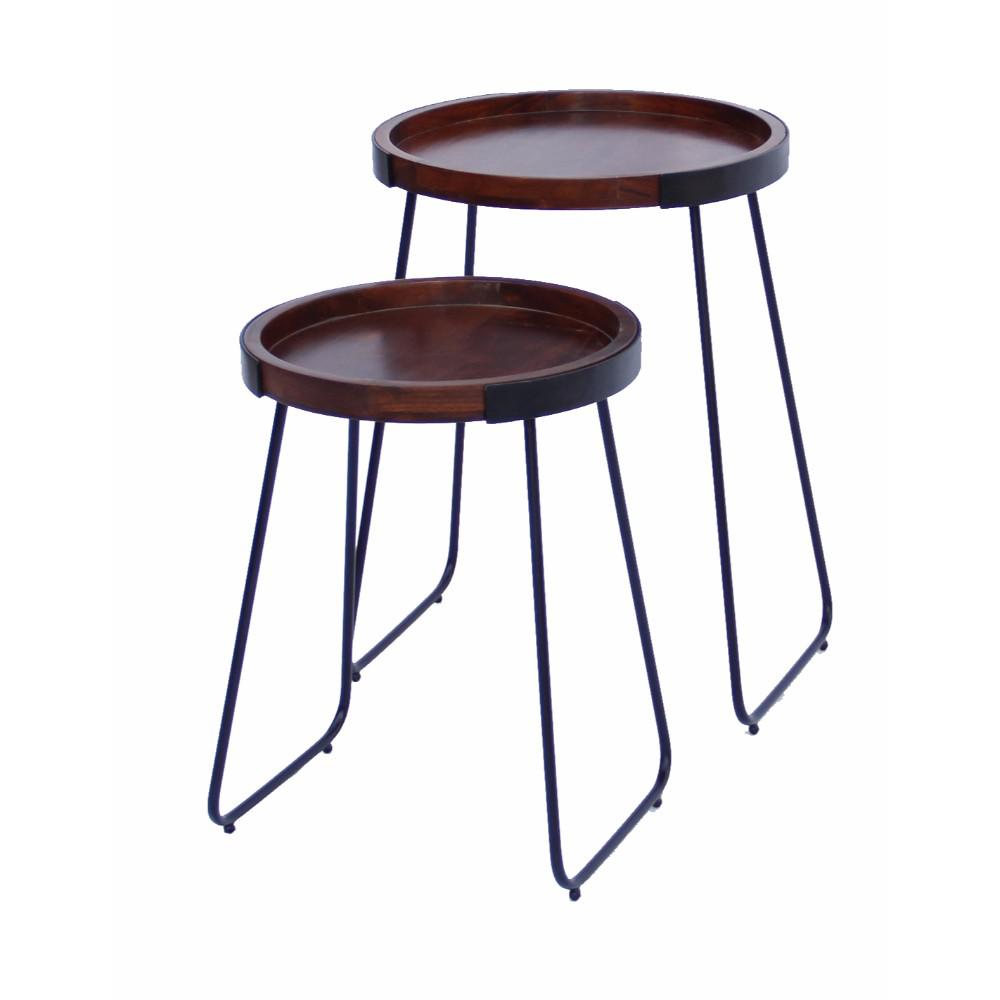 Benzara Brown and Black Wooden Round Tray Top End Tables (Set of 2)UPT