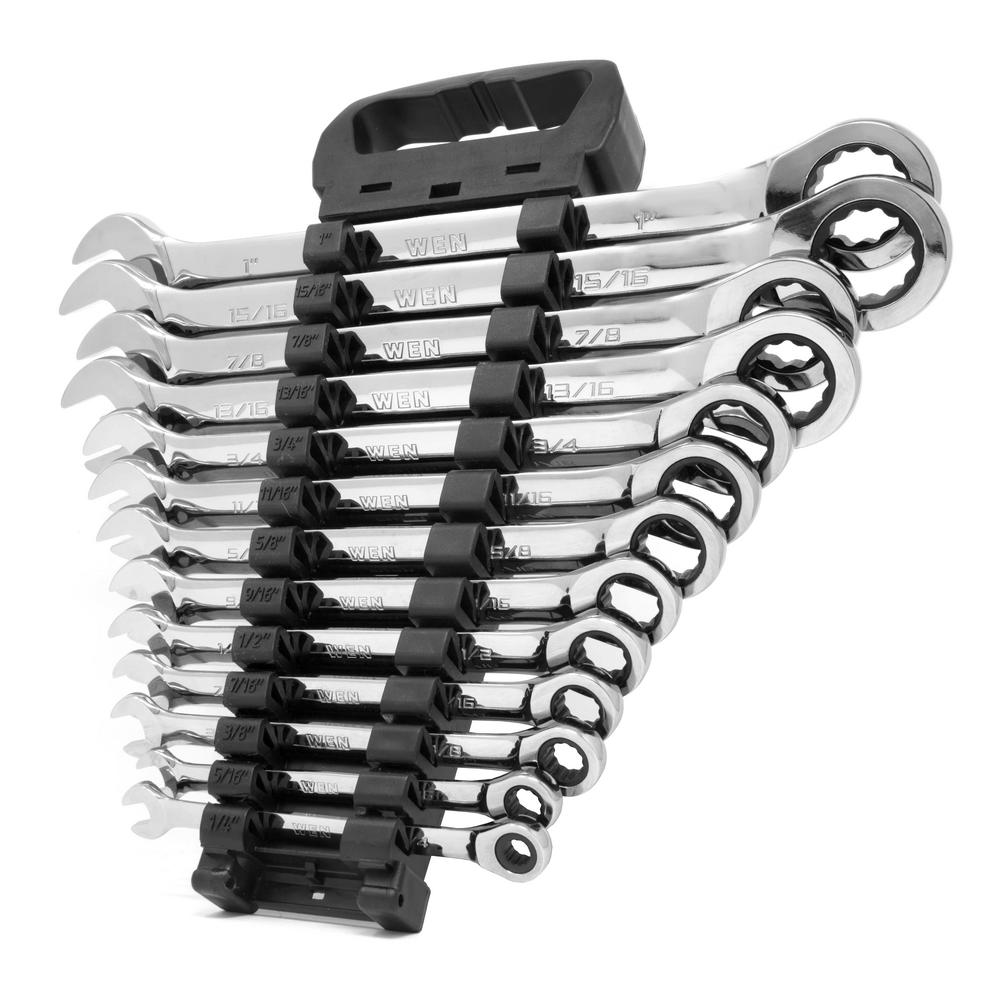 WEN WR132A 13-Piece Professional-Grade Reversible Ratcheting SAE Combination Wrench Set with Storage Rack