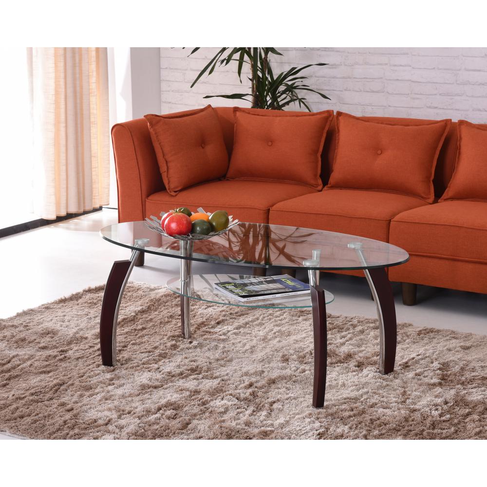 HODEDAH Oval Tempered Glass 2Tier Coffee Table with Wooden Legs in