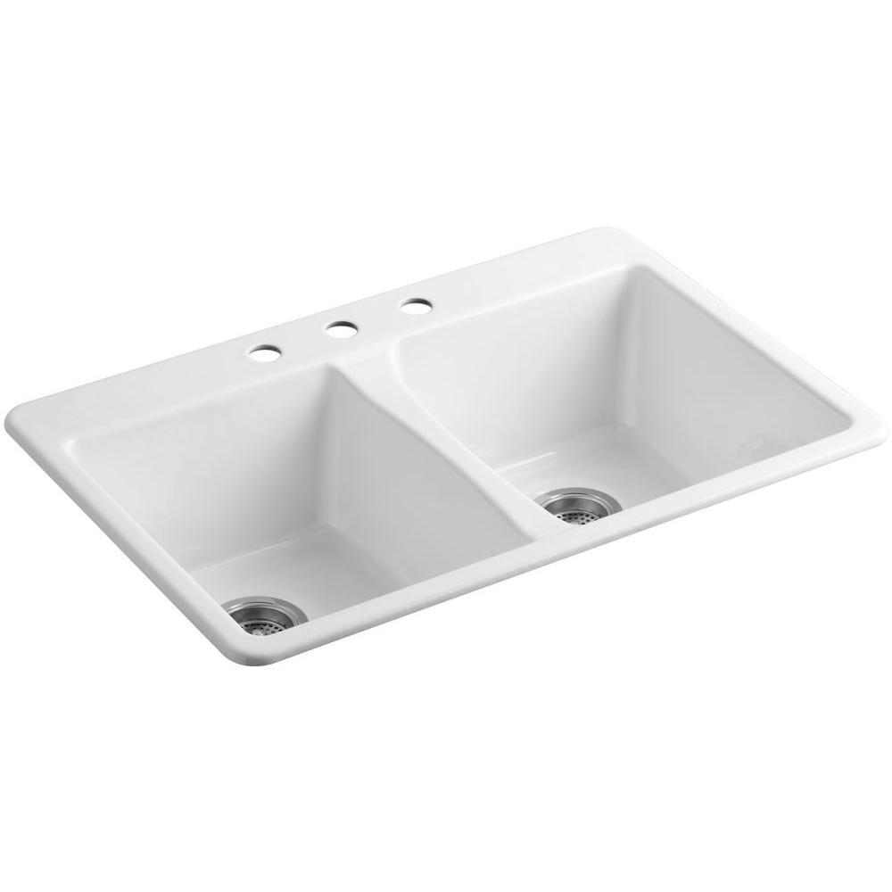 Kohler Deerfield Drop In Cast Iron 33 In 3 Hole Double Bowl
