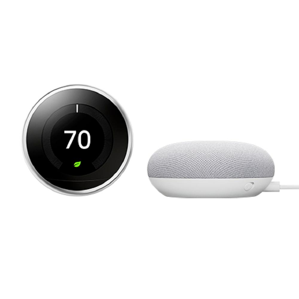 Google Nest Learning Thermostat 3rd Gen in Polished Steel with Google Home Mini Charcoal
