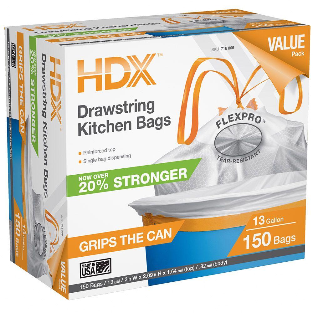HDX 13 Gal. FlexPro Reinforced Top Drawstring Kitchen Bags (150Count