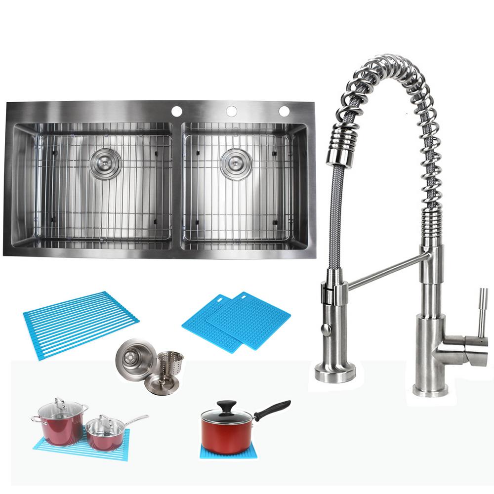 Emoderndecor Topmount Drop In Stainless Steel 42 7 8 X 21 1 2 10 60 40 Offset Double Bowl Kitchen Sink And Faucet Combo