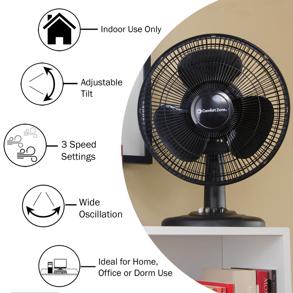 Comfort Zone 12 In Black Oscillating Table Fan With Adjustable