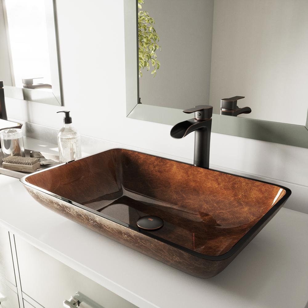 Vigo Glass Vessel Bathroom Sink In Russet And Niko Faucet Set In Antique Rubbed Bronze