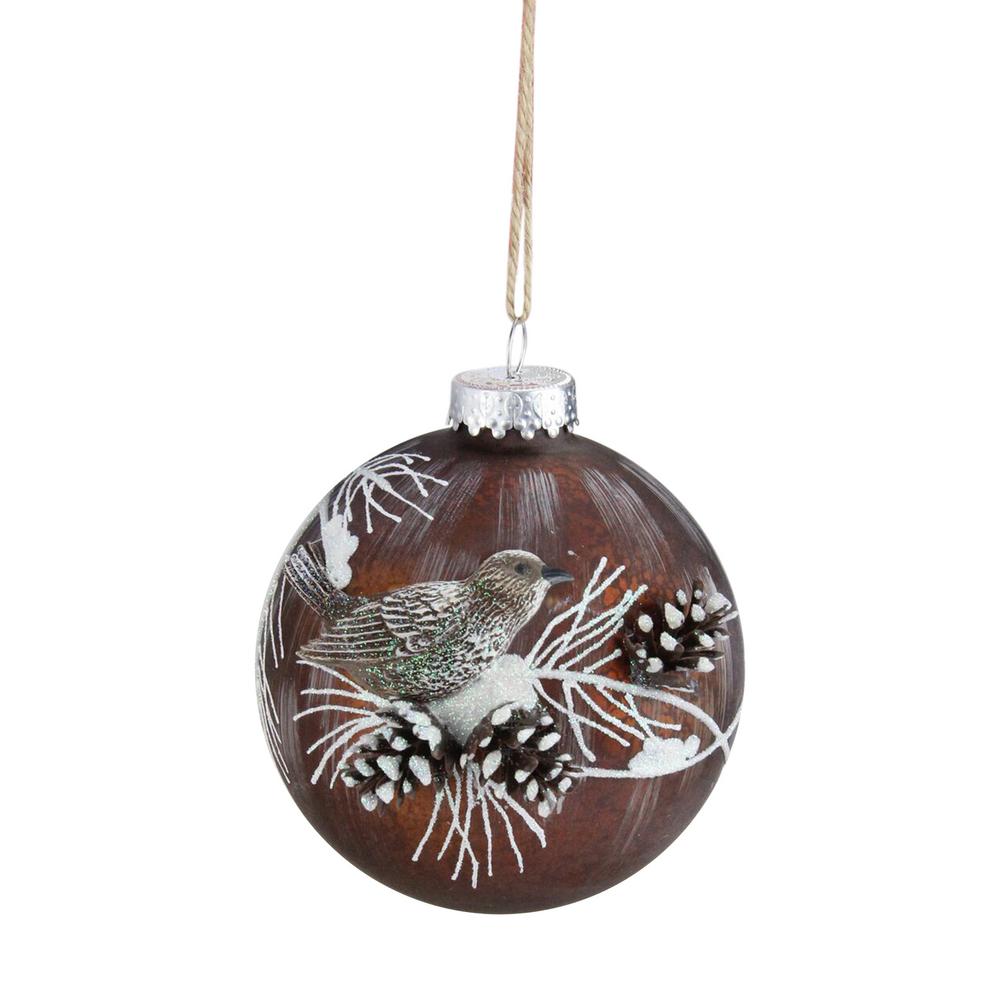 3.25 in. (80 mm) Brown Mercury Glass Ball Christmas Ornament with Bird and Pine Cones