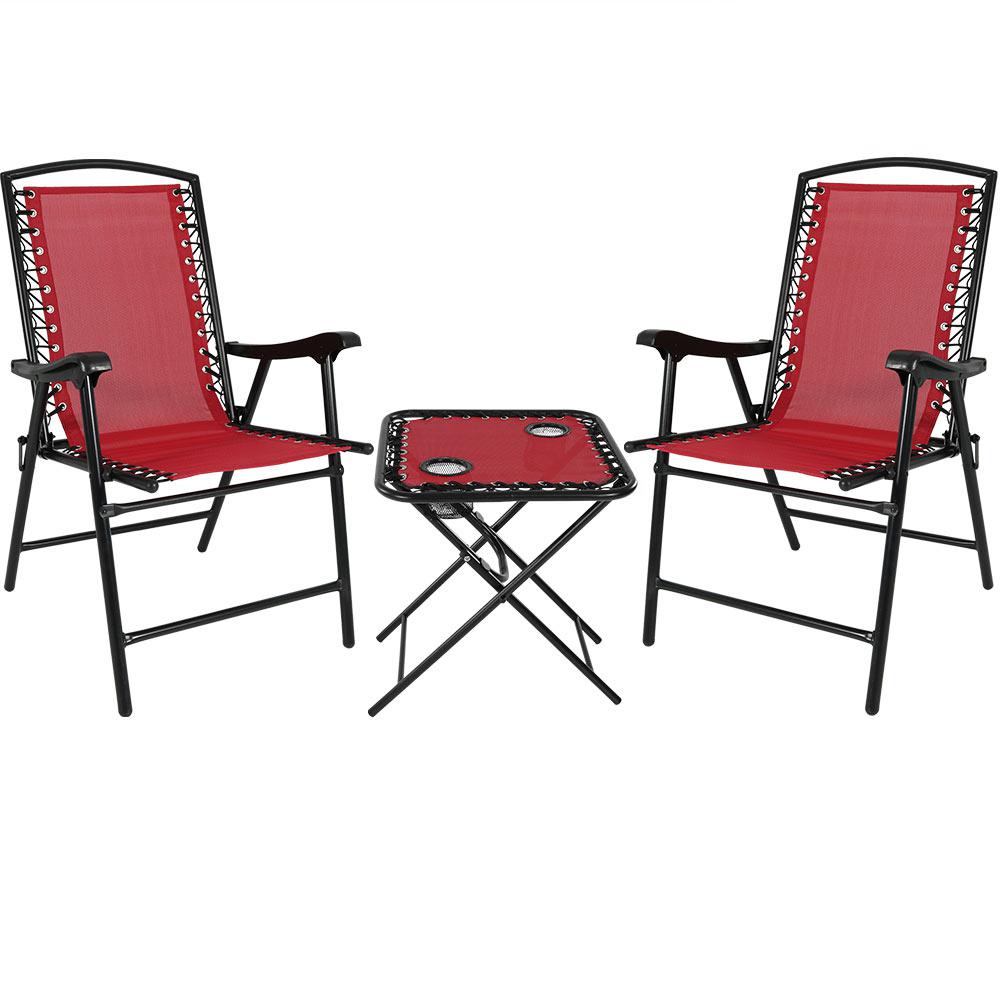 Sunnydaze Decor Red Sling Folding Beach Chair Set With Matching Side Red Sling Folding Beach Chair Set With Matching Side Table Of 2
