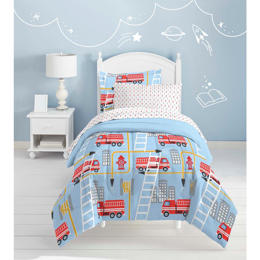 Dream Factory Fire Truck 5 Piece Blue Twin Bed In A Bag Set