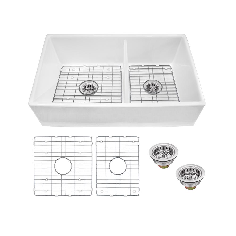 IPT Sink Company Farmhouse Apron Front Fireclay 33 in. 60/40 Double Bowl Kitchen Sink in White with Grids and Strainers was $649.0 now $429.0 (34.0% off)