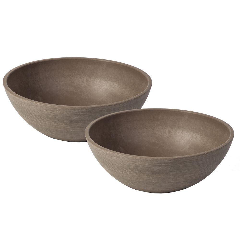 Algreen Valencia 10 In Round Textured Taupe Polystone Bowl Planter Round Textured Taupe Polystone Bowl Planter 2 Pack