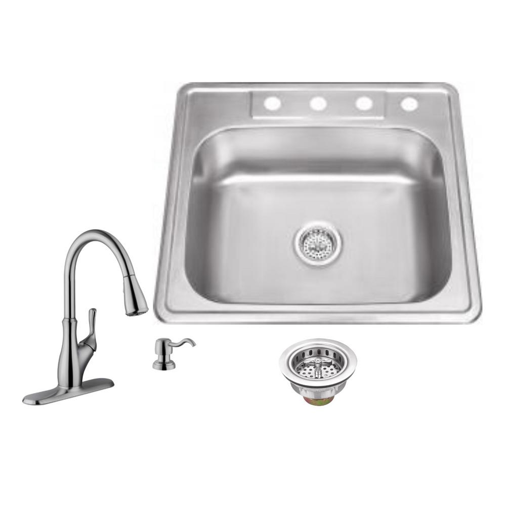 Ipt Sink Company Drop In 25 In 4 Hole Stainless Steel Kitchen Sink In Brushed Stainless With Gooseneck Faucet