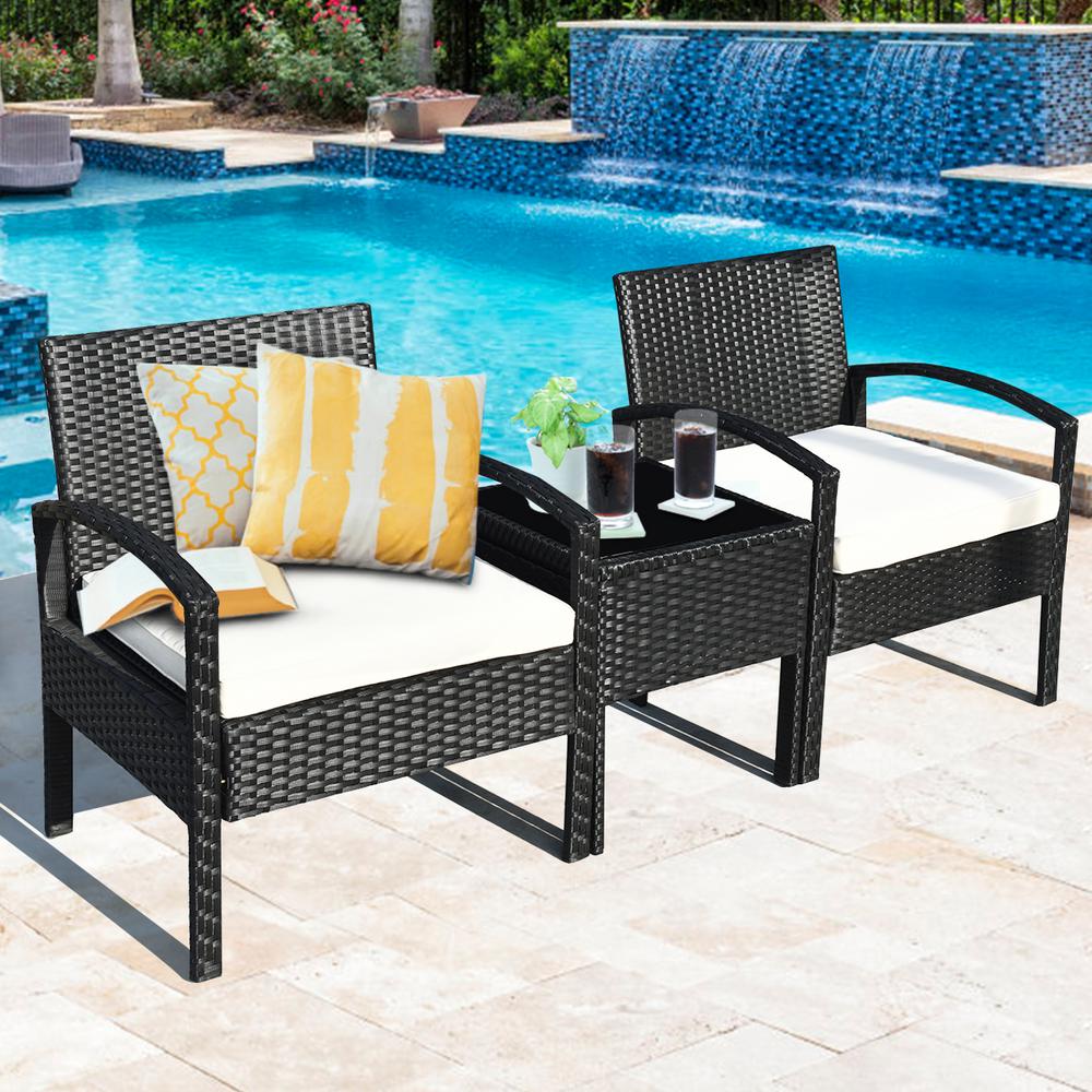 Unbranded 3 Piece Wicker Rattan Patio Conversation Set Table And Chairs Set With White Cushions Hw63218 The Home Depot