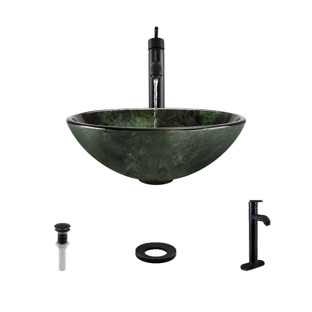 MR Direct Glass Vessel Sink in Forest Green with 718 Faucet and PopUp